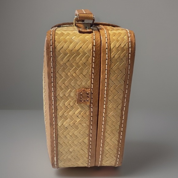 Vintage Woven Bamboo Vanity Case Leather Trim Retro Travel Makeup Bag 6x6 - Picture 2 of 10
